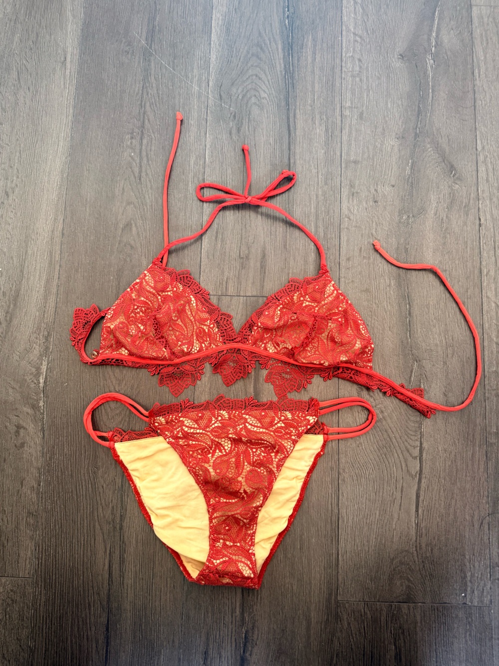 For Love And Lemons Red Lace String Triangle Bikini Set TOP (M) BOTTOMS (S)
